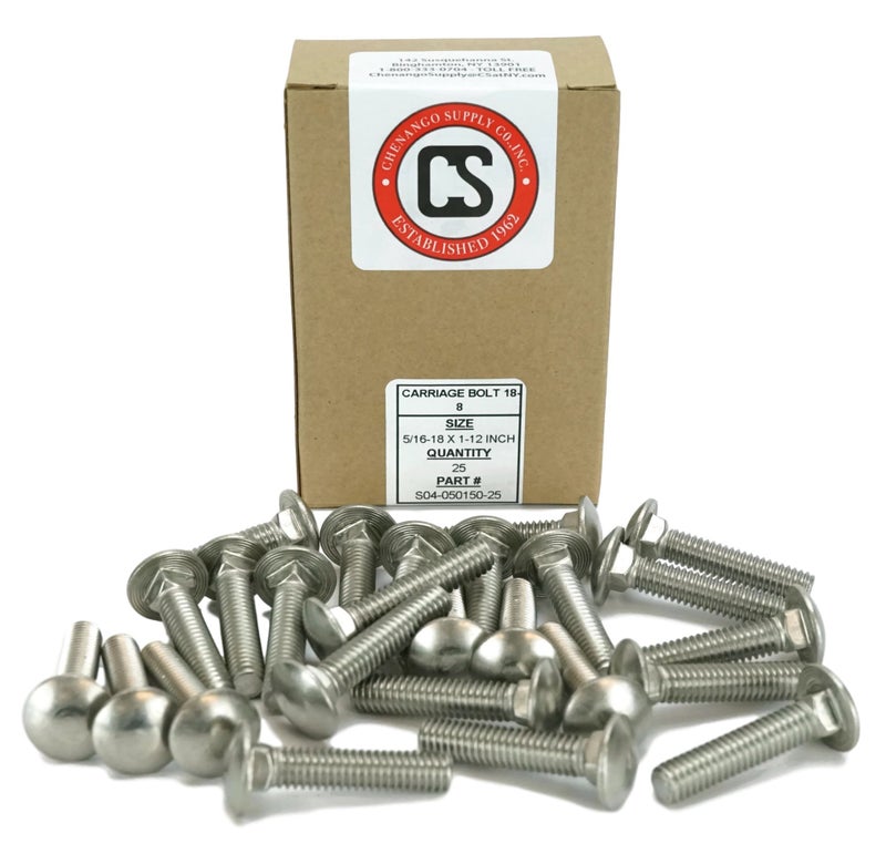 Chenango Supply Stainless 5/16-18 x 1-1/2inches Carriage Bolt (1inches to 5inches Lengths Available in Listing), 18-8 Stainless Steel,25 Pieces (5/16-18x1-1/2) - Image 2